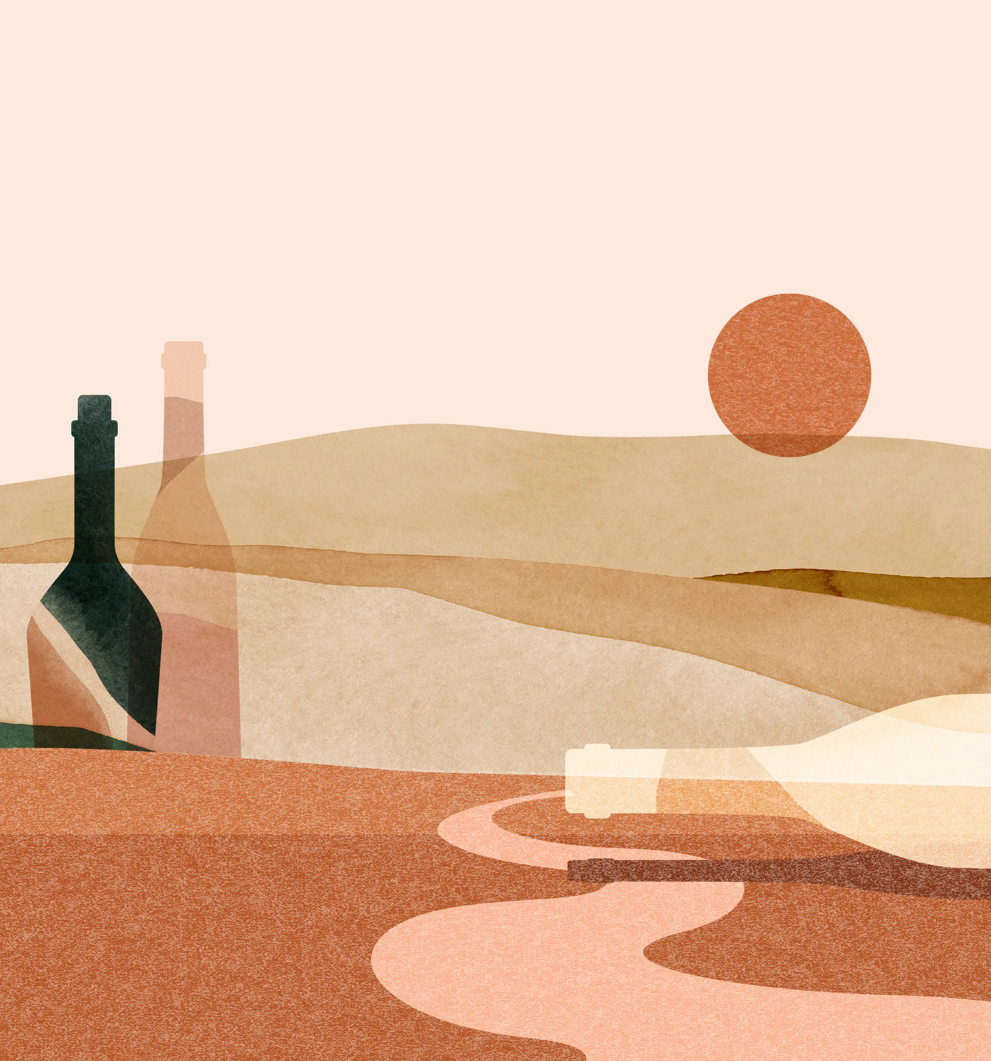 English and Welsh vineyard landscape with wine bottles